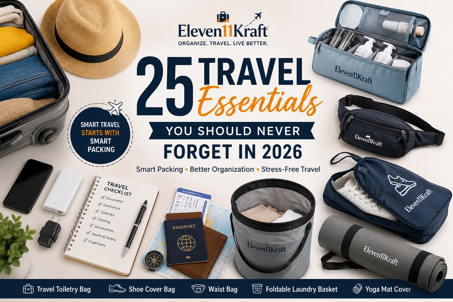 25 travel essentials feature image with suitcase, travel toiletry bag, shoe cover bag, waist bag, foldable laundry basket, yoga mat cover, passport, power bank, travel checklist, and travel accessories by Eleven11Kraft for smart and organized travel.