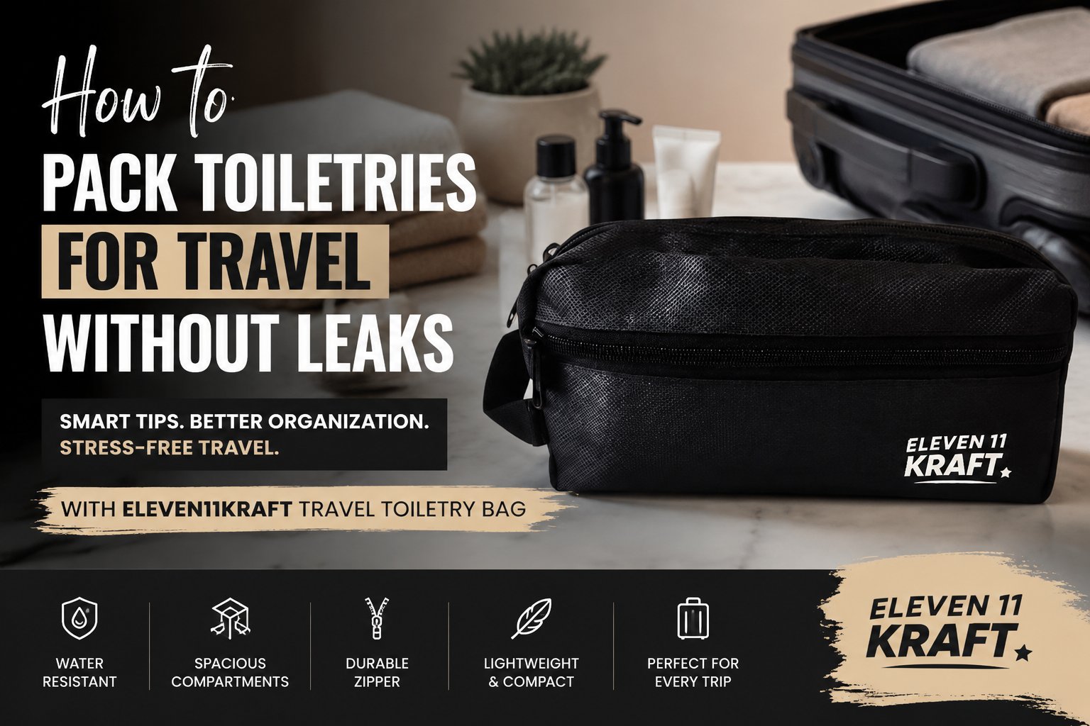 Eleven11Kraft travel toiletry bag showing how to pack toiletries for travel without leaks with organized, water-resistant storage.